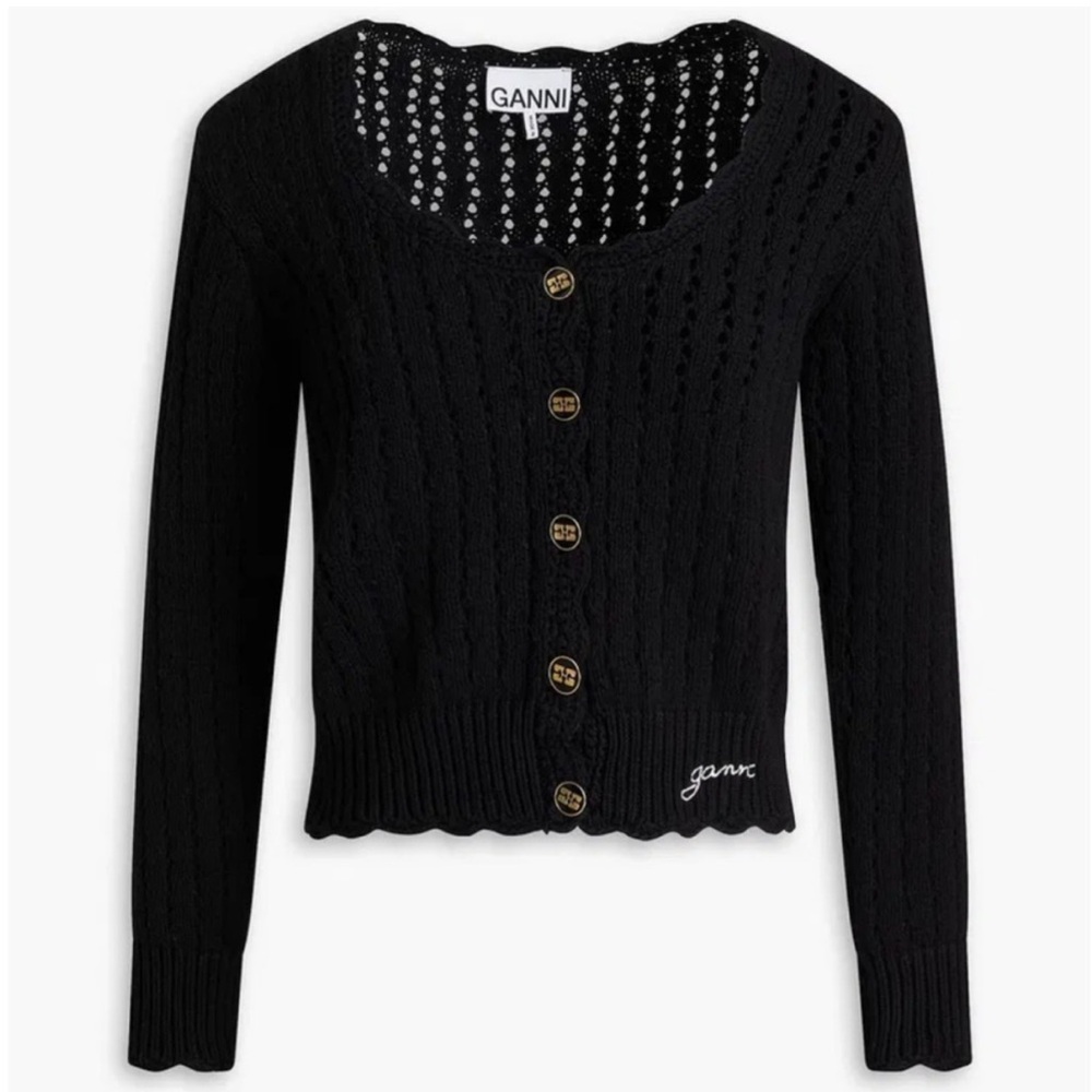 Ganni black crochet knit cardigan with button detail